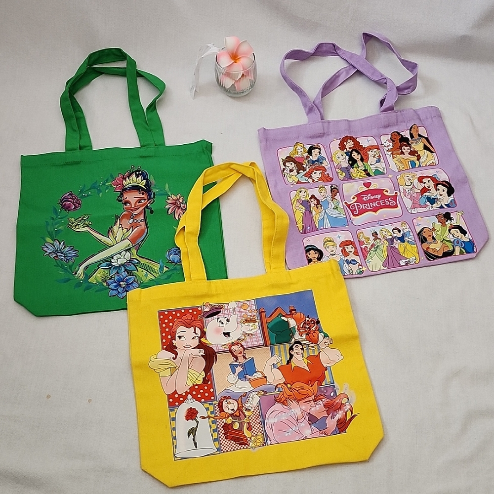 Disney Princess Tote Bag Bundle - Green, Yellow & Lilac Cartoon Prints